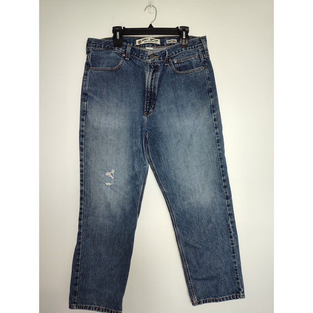 Harley Davidson Mens TraditionalFit Jeans BlueDenim 40x30 Medium Wash Distressed